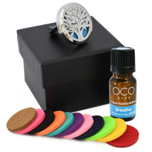 OCO Life 35mm Tree Of Life Stainless Steel Car Vent Diffuser - with Breathe 10ml Organic Essential Oil Blend