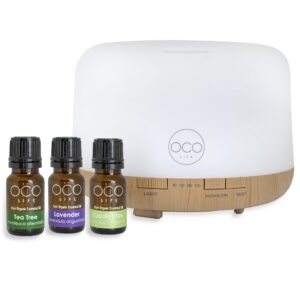 OCO Life Cool Mist Ultrasonic Aroma Diffuser 500ml with 3 x 100% Pure Essential Oils 10mls