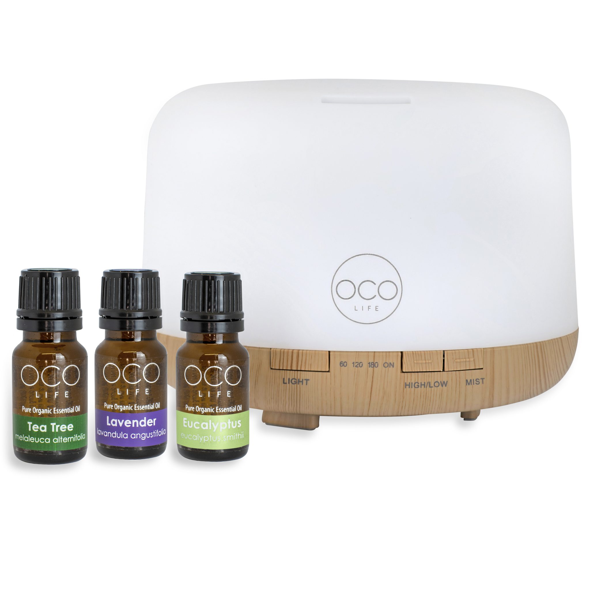 OCO Life Cool Mist Ultrasonic Aroma Diffuser 500ml with 3 x 100% Pure Essential Oils 10mls