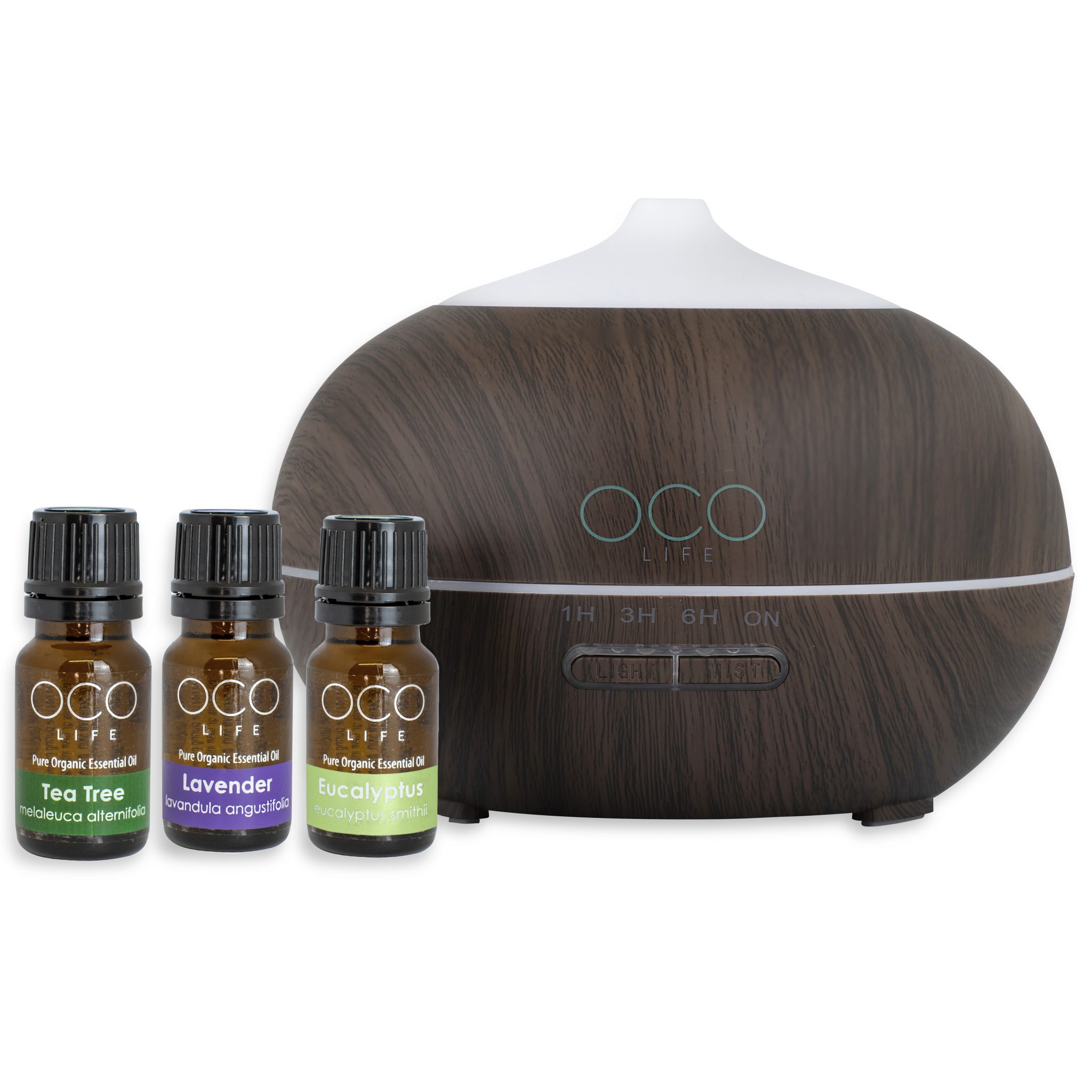 BEST SELLING OCO Life Dark Wood Grain Ultrasonic Diffuser 400ml and Home Essentials Kit 3 Oils