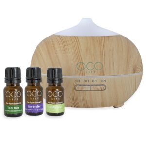 BEST SELLING OCO Life Light Wood Grain Ultrasonic Diffuser 400ml with Home Essentials Kit 3 Oils