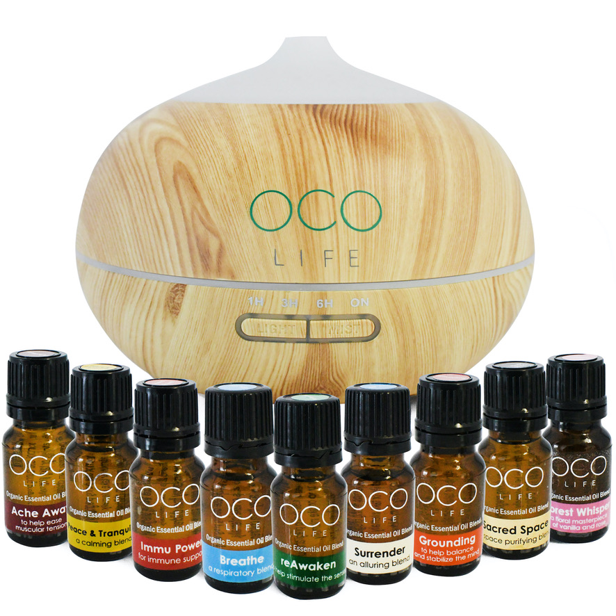BEST SELLING OCO Life Light Wood Grain Ultrasonic Diffuser 400ml with complete range of 9 best Selling Oils