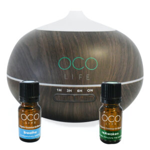 BEST SELLING OCO Life Dark Wood Grain Ultrasonic Diffuser 400ml with 2 Organic Oil Blends reAwaken 10ml & Breathe 10ml