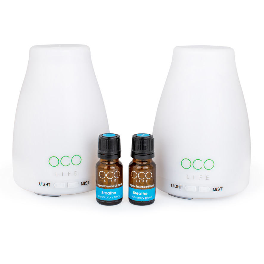 2 x OCO Life Ultrasonic Diffusers and Purifier 120ml with 2 Oil Blends