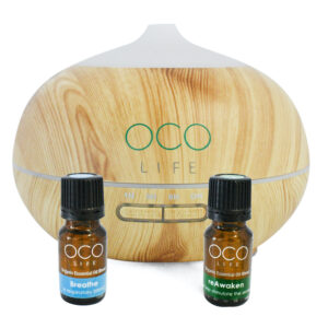 BEST SELLING OCO Life Light Wood Grain Ultrasonic Diffuser 400ml with 2 Organic Oil Blends Breathe 10ml and ReAwaken10ml