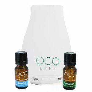 White OCO Life Ultrasonic Diffuser 120ml with 2 x 10ml Organic Oil Blends Breathe reAwaken