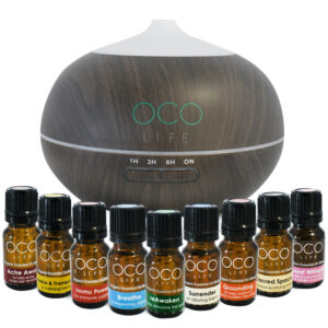 BEST SELLING OCO Life Dark Wood Grain Ultrasonic Diffuser 400ml with complete range of 9 Best Selling Oils