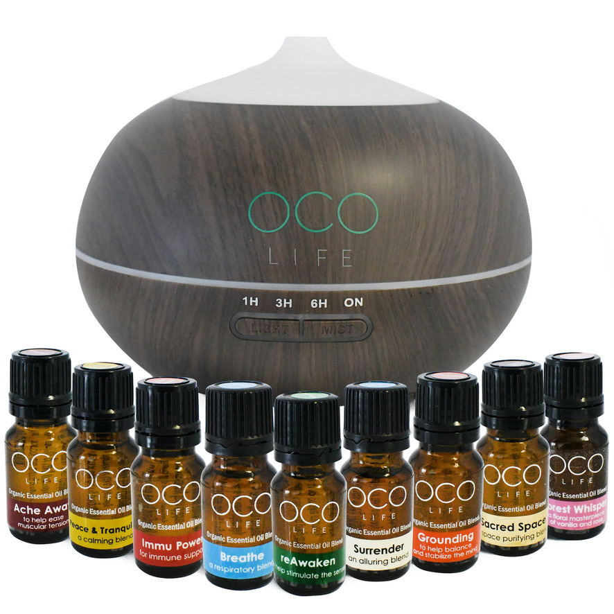 BEST SELLING OCO Life Dark Wood Grain Ultrasonic Diffuser 400ml with complete range of 9 Best Selling Oils